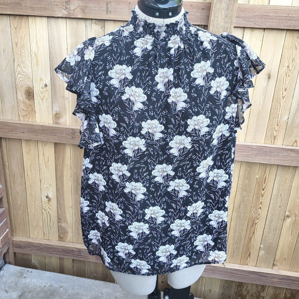 1. STATE Women's smocked neck flutter sleeve blouse MEDIUM